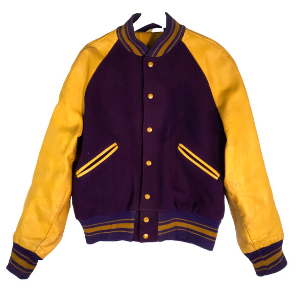 VTG 1960s Butwin Purple Gold Leather & Wool Letterman Jacket 42 - Picture 1 of 16